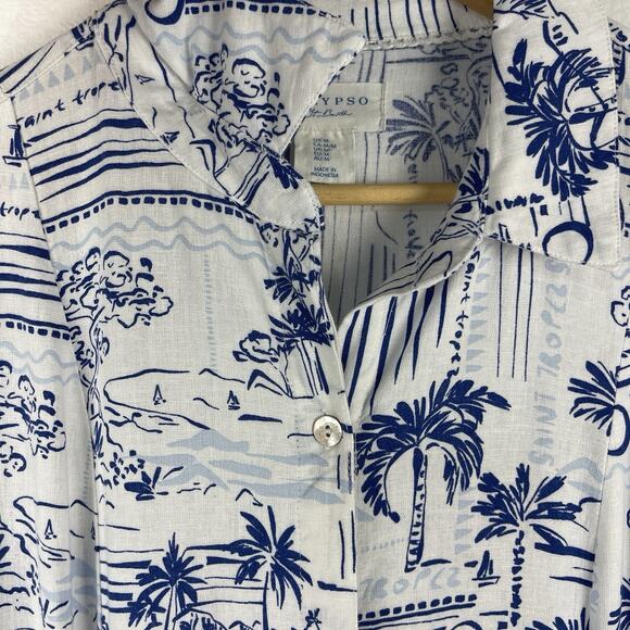 Calypso St Barth Maxi Shirt Dress Linen Button Front 3/4 Sleev White Blue Medium - Picture 4 of 12